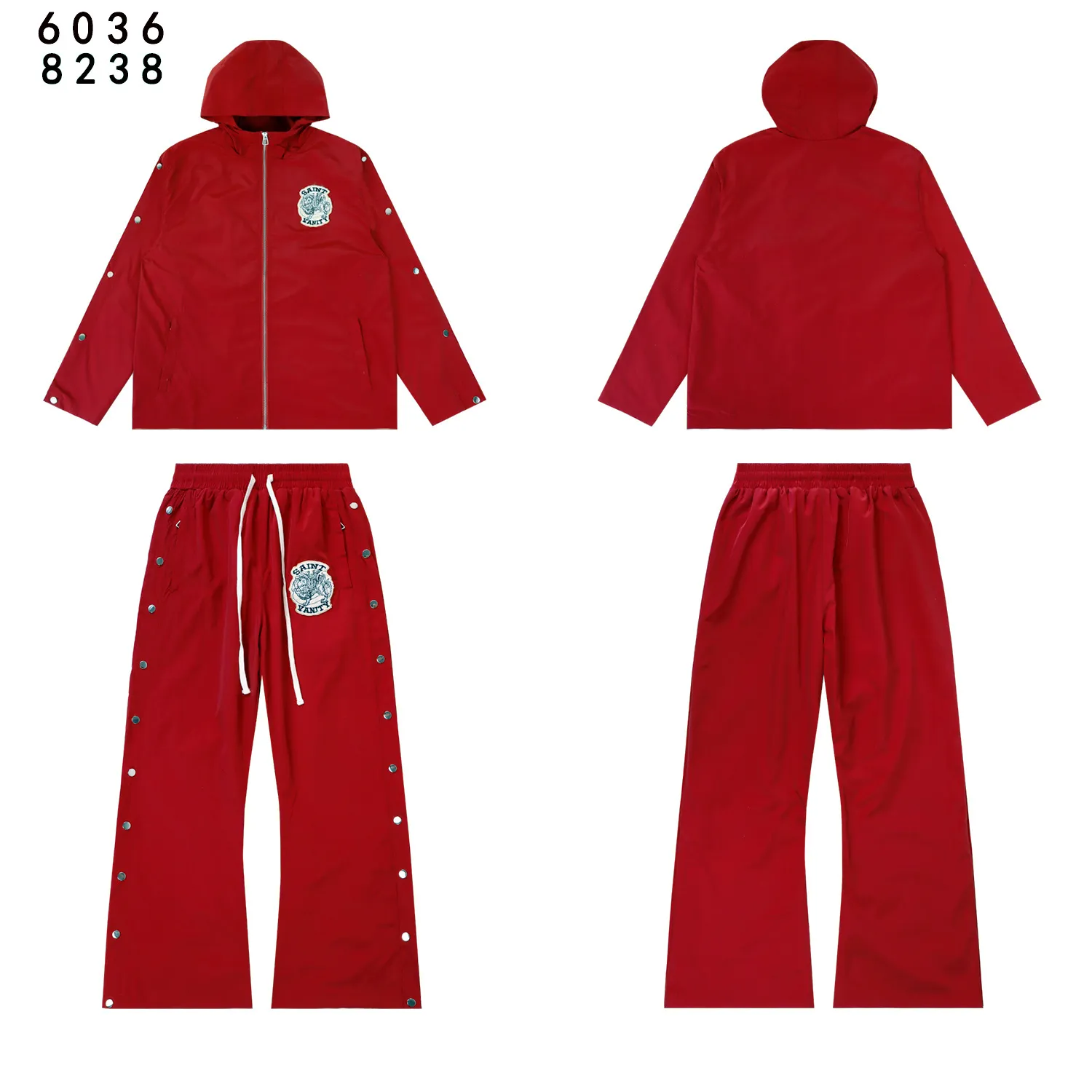 Style number: 6036 top P212 Style number: 8238 pants P184 Fabric: woven + lining Real stock SAINT VANITY embroidered breasted sports casual windbreaker jacket and trousers suit Color: Black Yellow Red Gray Size: S M L XL